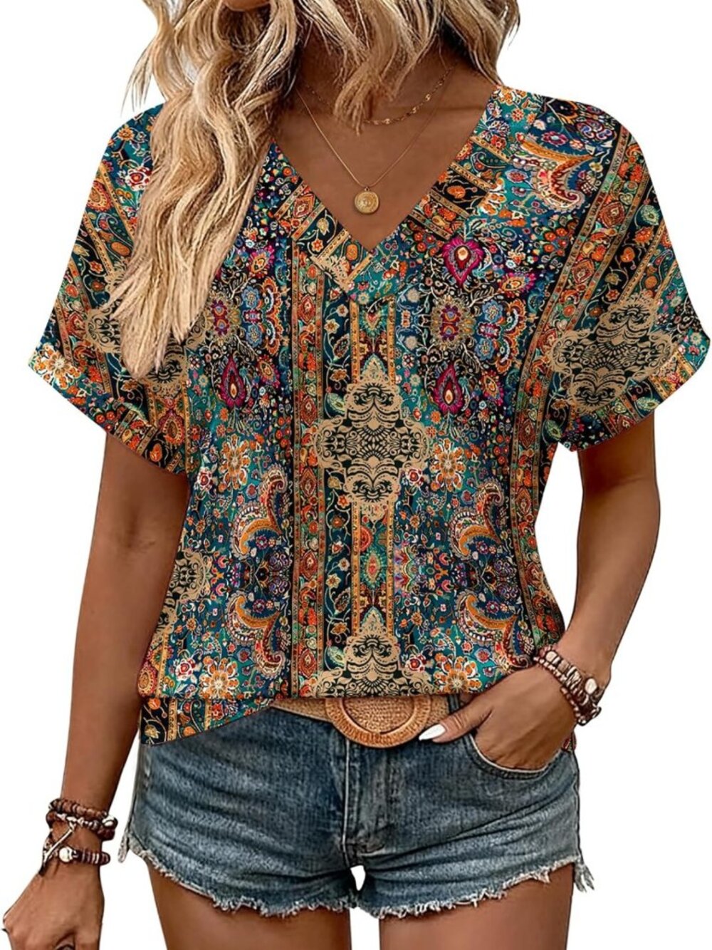 Stylish Women's Summer Tops - Rolled Short Sleeve Dressy Casual Blouses - Picture 2 of 6